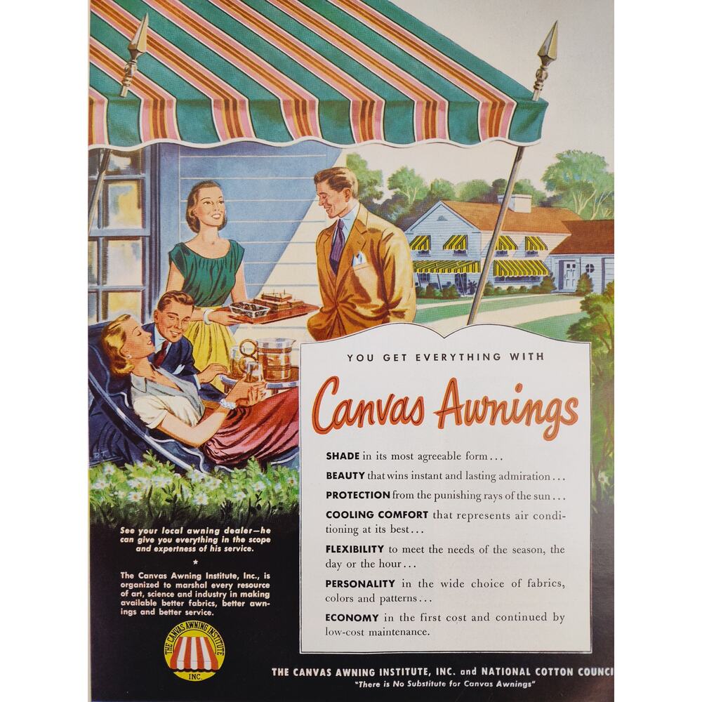 1950 Smiling Happy Couples Enjoying Patio with Stripe Canvas Awning Vtg Print Ad